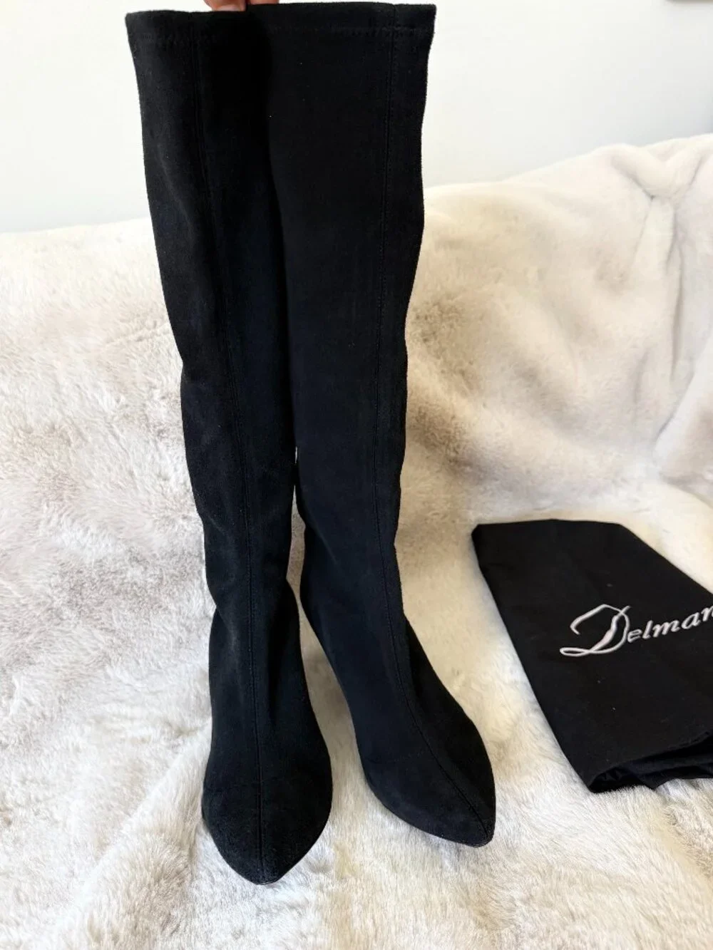 Delman Black Suede Knee-High Boots with Pointed Toe